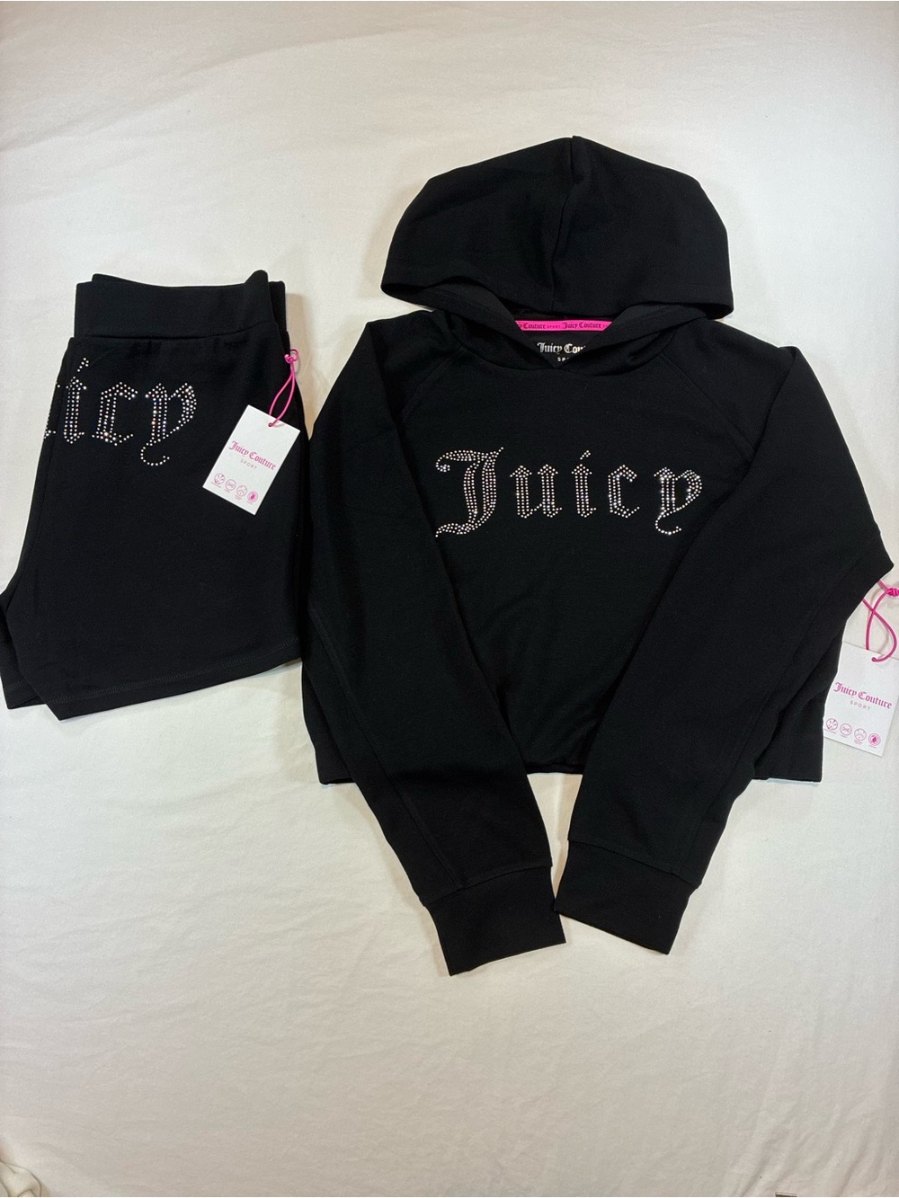 Juicy Couture Black Rhinestone Logo Hoodie & Shorts Set - Cropped Hoodie